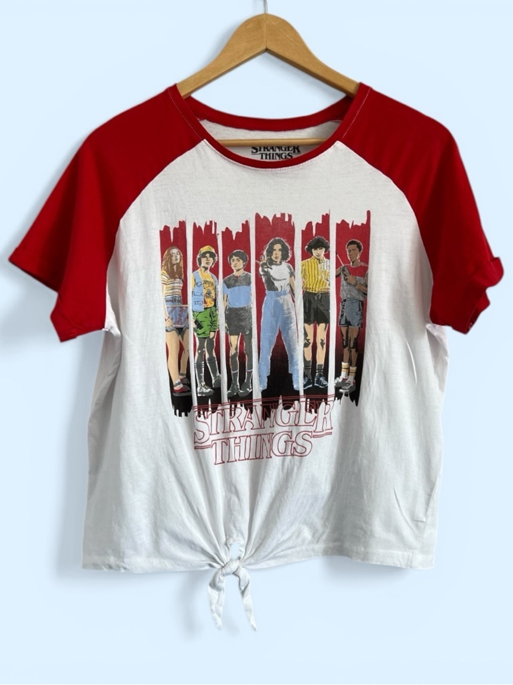 Stranger Things Graphic Cropped T-Shirt White & Red Short Cuffed Sleeve Large